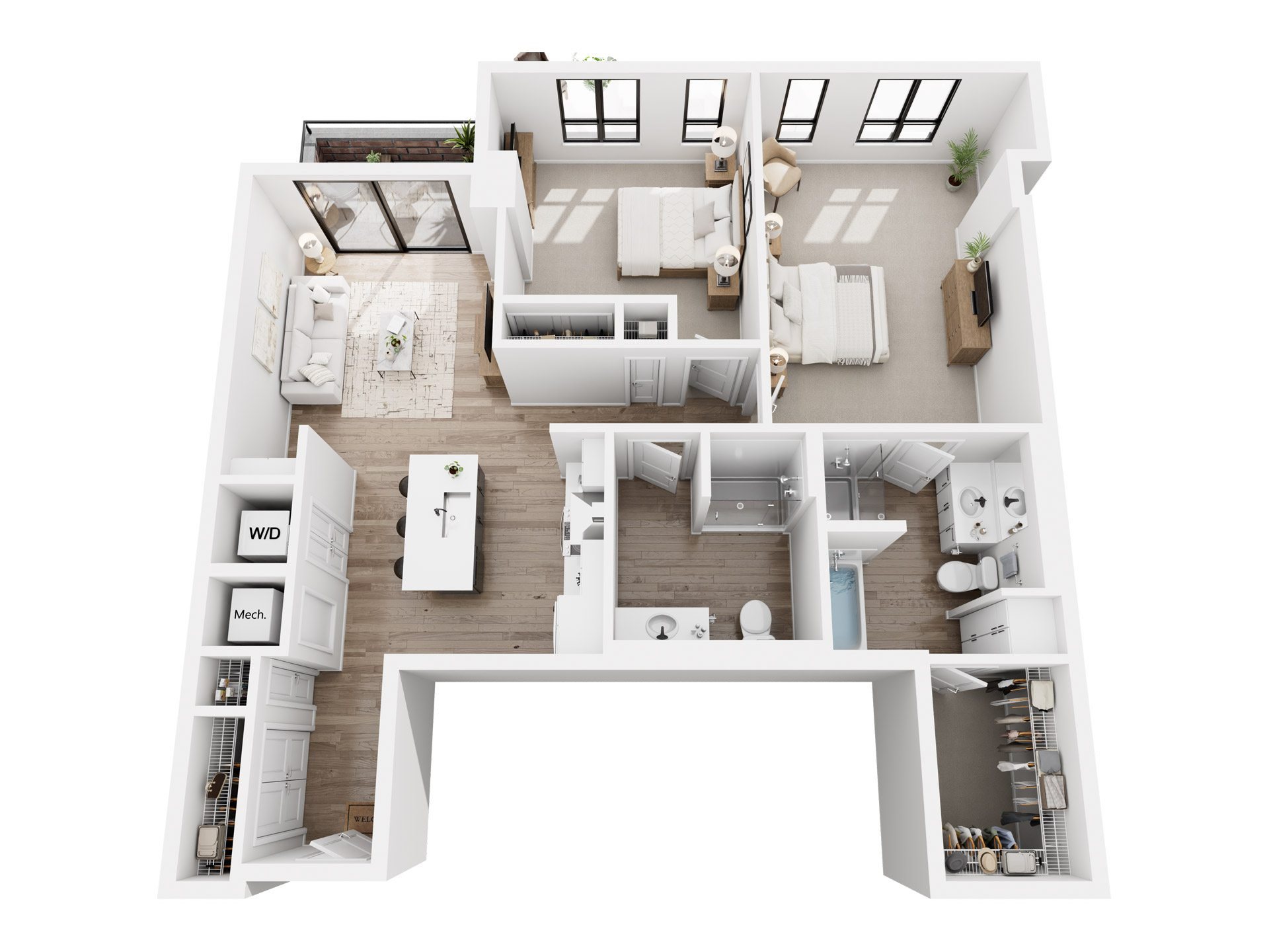 A top-down view of a modern apartment layout.